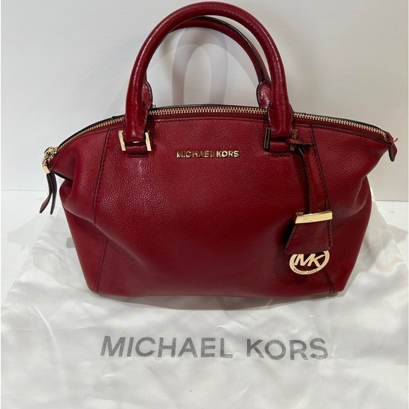 Michael Kors Riley Satchel Handbag Red Peebled Leather Gold Hardware EUC - Picture 3 of 11